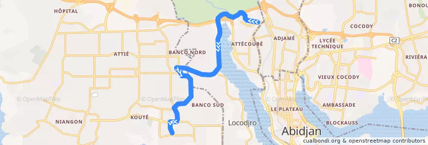 Mapa del recorrido gbaka : Adjamé Agban → Yopougon Camp Militaire de la línea  en 阿比让.