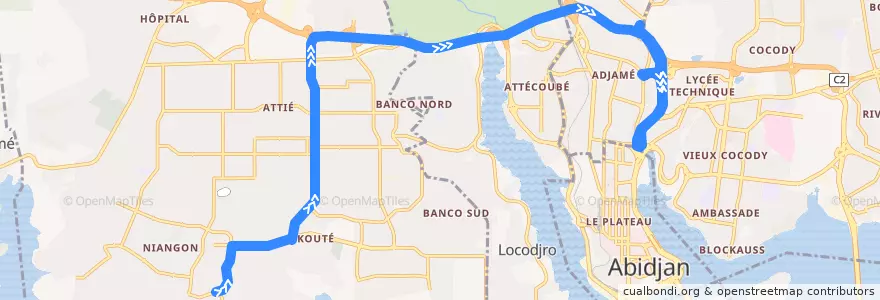 Mapa del recorrido gbaka : Yopougon Niangon Terminus 27 → Gare Kobenan Agban de la línea  en Abidjan.