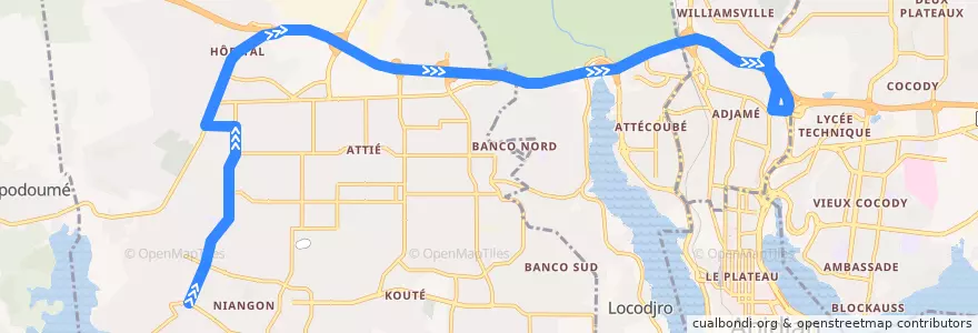 Mapa del recorrido gbaka : Yopougon Carrefour Académie → Gare Kobenan Agban de la línea  en Abidjan.