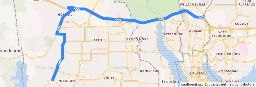 Mapa del recorrido gbaka : Gare Kobenan Agban → Yopougon Carrefour Académie de la línea  en Abidjan.