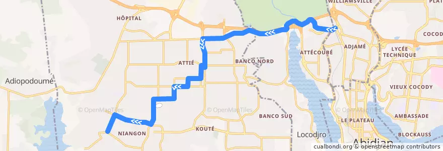 Mapa del recorrido gbaka : Adjamé mosquée → Yopougon Carrefour Académie de la línea  en Abidjan.
