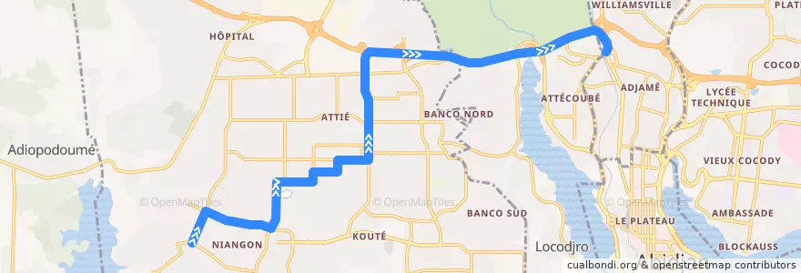Mapa del recorrido gbaka : Yopougon Carrefour Académie → Adjamé mosquée de la línea  en Abidjan.