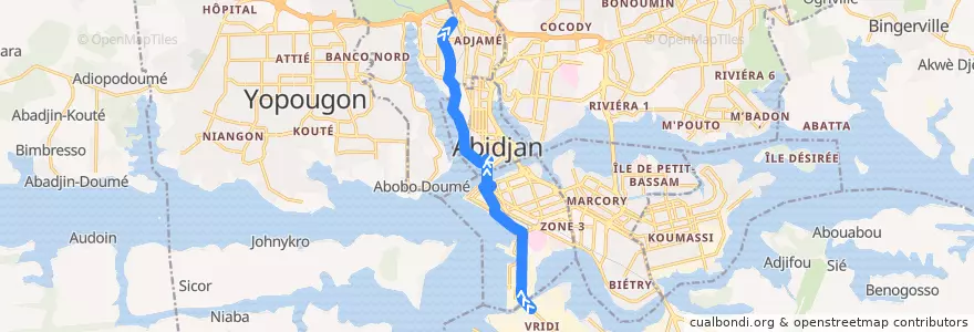Mapa del recorrido gbaka : Port-Bouët Vridi → Adjamé Agban de la línea  en Abidjan.