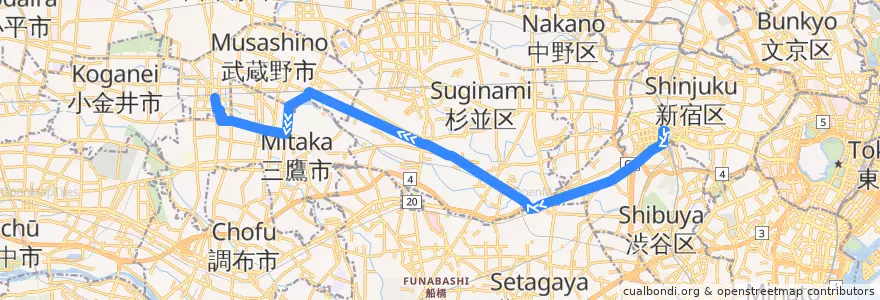 Mapa del recorrido Bus 宿44 新宿駅西口->武蔵境駅南口 de la línea  en Tokyo.
