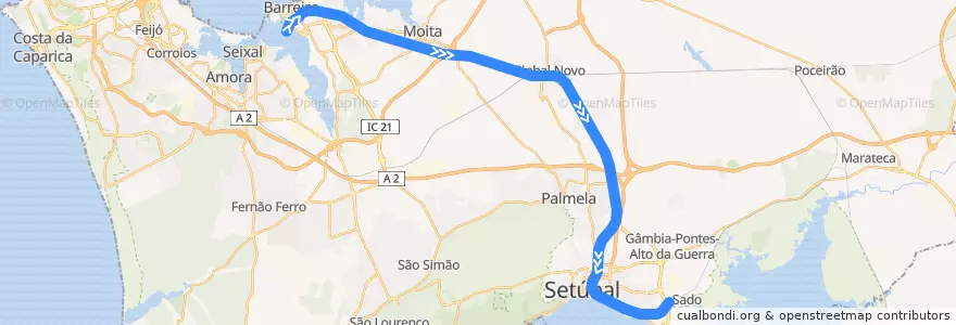 Mapa del recorrido Linha do Sado: Barreiro → Praias do Sado A de la línea  en Península de Setúbal.