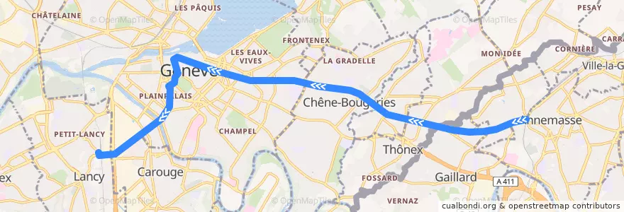Mapa del recorrido Tram 17: Annemasse-Parc Montessuit → Lancy-Pont-Rouge-Gare de la línea  en جنيف.