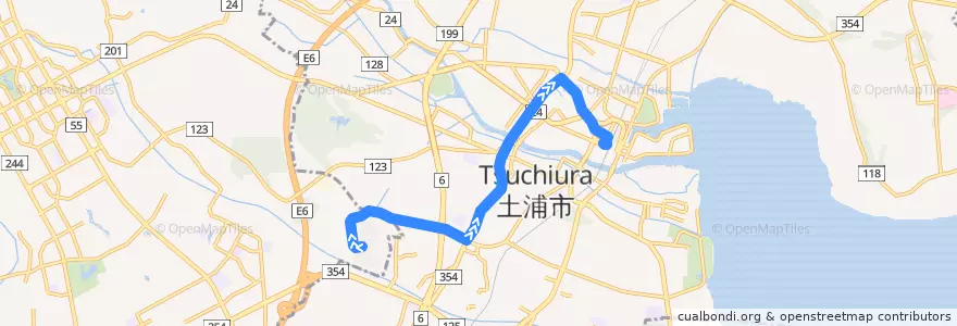 Mapa del recorrido 関東鉄道バス 桜ニュータウン⇒天川団地⇒土浦駅 de la línea  en Tsuchiura.