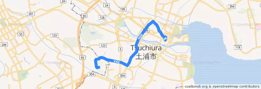 Mapa del recorrido 関東鉄道バス 土浦駅⇒天川団地⇒桜ニュータウン de la línea  en Tsuchiura.