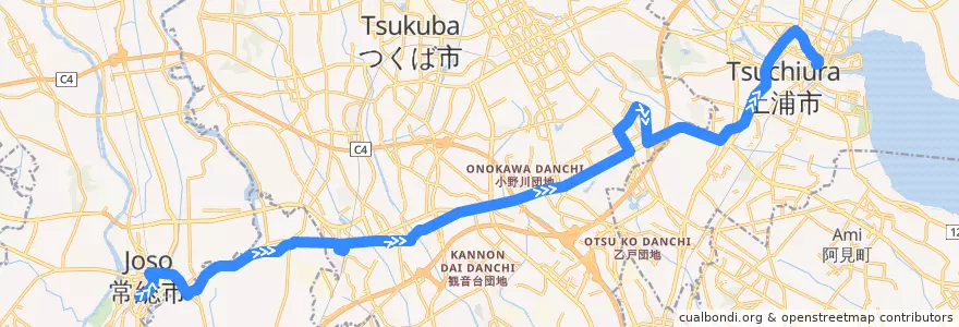 Mapa del recorrido 関東鉄道バス 水海道駅⇒谷田部⇒土浦駅 de la línea  en Prefectura de Ibaraki.