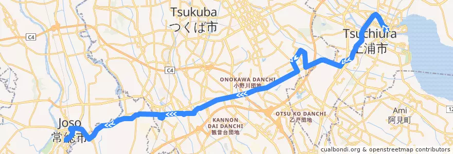 Mapa del recorrido 関東鉄道バス 土浦駅⇒谷田部⇒水海道駅 de la línea  en Prefectura de Ibaraki.