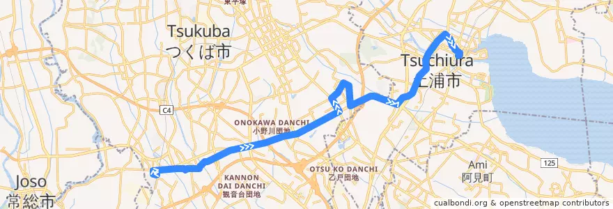 Mapa del recorrido 関東鉄道バス みどりの駅⇒谷田部⇒土浦駅 de la línea  en Ibaraki Prefecture.