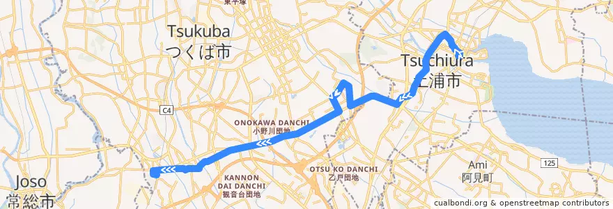 Mapa del recorrido 関東鉄道バス 土浦駅⇒谷田部⇒みどりの駅 de la línea  en 이바라키현.