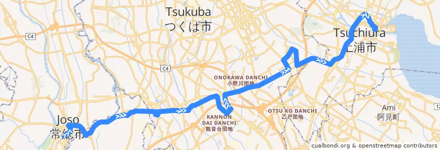 Mapa del recorrido 関東鉄道バス 水海道駅⇒農林団地⇒土浦駅 de la línea  en Préfecture d'Ibaraki.