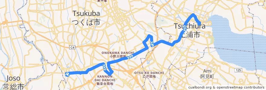 Mapa del recorrido 関東鉄道バス みどりの駅⇒農林団地⇒土浦駅 de la línea  en 이바라키현.