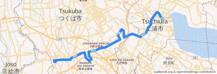 Mapa del recorrido 関東鉄道バス 土浦駅⇒農林団地⇒みどりの駅 de la línea  en 이바라키현.
