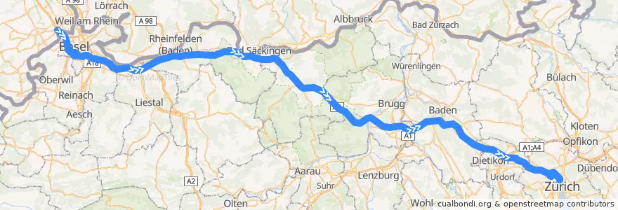 Mapa del recorrido Flixbus 775: Metz, Busbahnhof => Zürich HB, Carpark Sihlquai de la línea  en Schweiz/Suisse/Svizzera/Svizra.