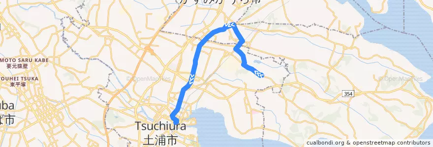 Mapa del recorrido 関鉄観光バス 湖北高校・神立駅⇒大塚団地⇒土浦駅 de la línea  en 이바라키현.