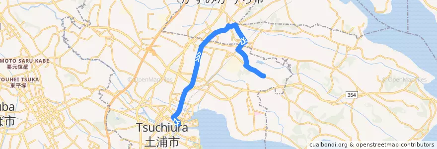 Mapa del recorrido 関鉄観光バス 土浦駅⇒大塚団地⇒神立駅・湖北高校 de la línea  en 이바라키현.