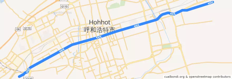 Mapa del recorrido 呼和浩特地铁1号线（坝堰（机场）→伊利健康谷） de la línea  en Хөх 呼和浩特市.