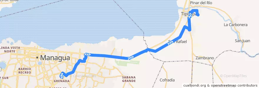 Mapa del recorrido R. Huembes: Managua => Tipitapa (Reparto) de la línea  en Departamento de Managua.