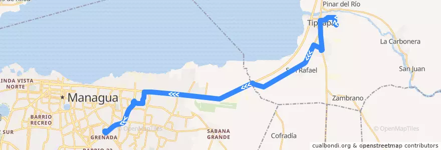 Mapa del recorrido R. Huembes: Tipitapa => Managua (Hospital Alemán) de la línea  en Departamento de Managua.