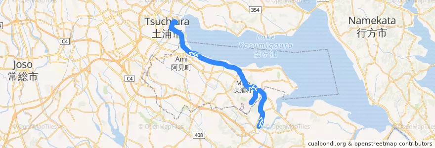Mapa del recorrido JRバス関東霞ヶ浦線 江戸崎⇒美浦トレセン・木原⇒土浦駅 de la línea  en 이바라키현.
