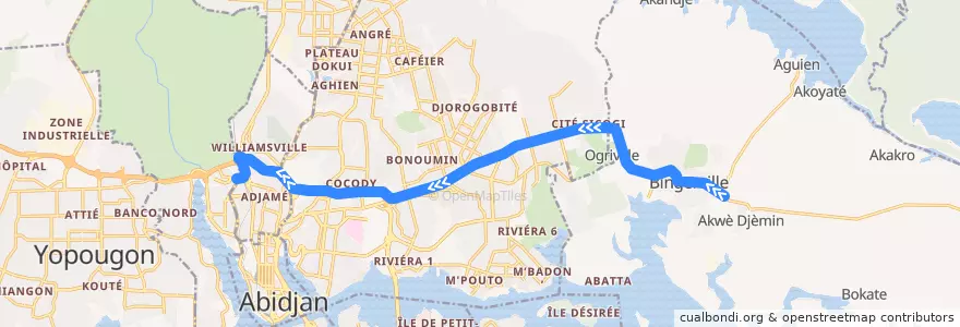 Mapa del recorrido gbaka : Bingerville → Adjame Agban de la línea  en Abidjan.
