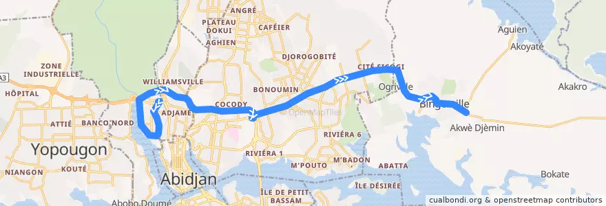 Mapa del recorrido gbaka : Adjame Agban → Bingerville de la línea  en Abidjan.