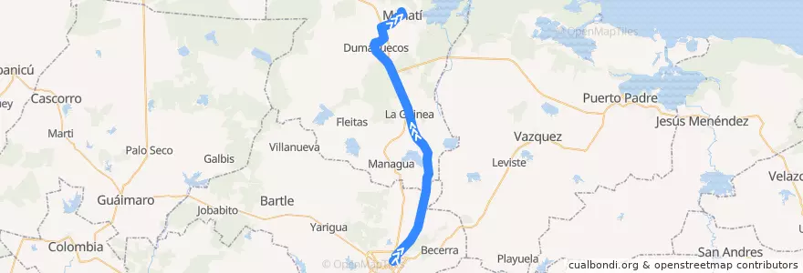 Mapa del recorrido Tunas- Manati de la línea  en Las Tunas.