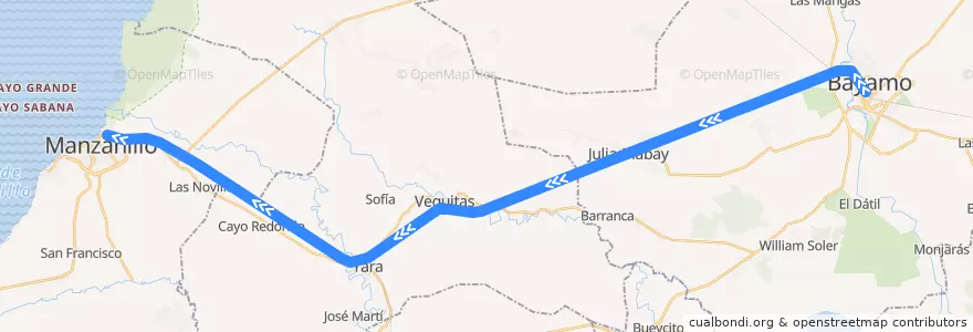 Mapa del recorrido Tren Bayamo - Manzanillo de la línea  en Granma.