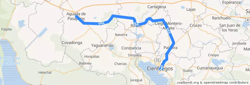 Mapa del recorrido Tren Cienfuegos Aguada de la línea  en Cienfuegos.