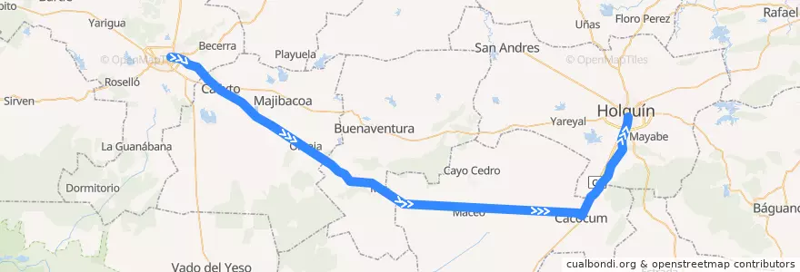 Mapa del recorrido Holguin - Las Tunas de la línea  en Cuba.