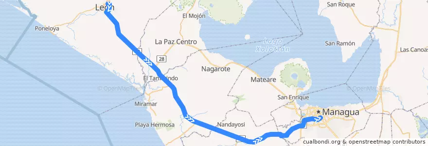 Mapa del recorrido Microbus Expreso: León => Managua de la línea  en Nicaragua.