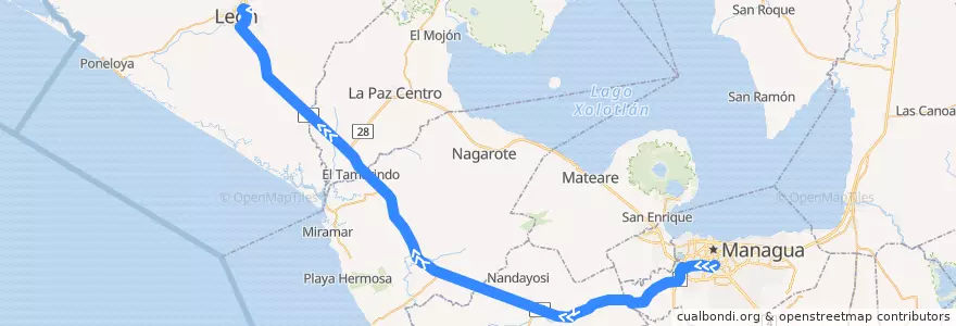 Mapa del recorrido Microbus Expreso: Managua => León de la línea  en Nicaragua.