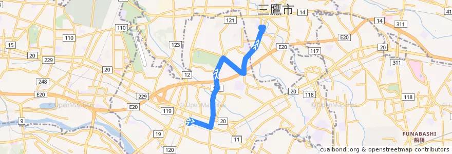 Mapa del recorrido Bus 調35 調布駅北口->杏林大学病院前 de la línea  en 東京都.
