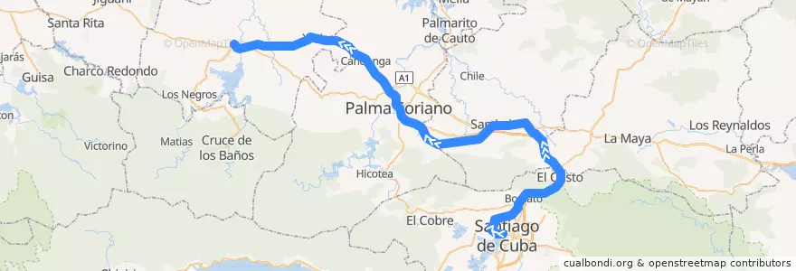Mapa del recorrido Tren Santiago - Contramaestre de la línea  en Santiago de Cuba.