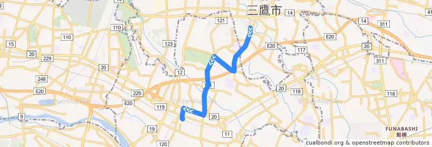 Mapa del recorrido Bus 調35 杏林大学病院前->調布駅北口　(土曜日・休日) de la línea  en 東京都.