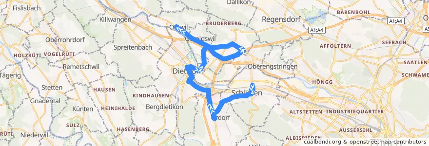Mapa del recorrido Bus N30: Schlieren, Bahnhof → Oetwil an der Limmat, Post de la línea  en Bezirk Dietikon.