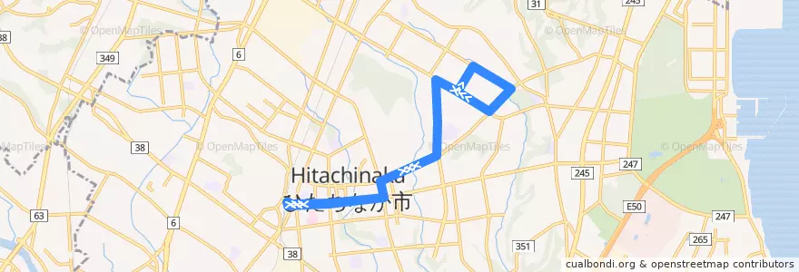 Mapa del recorrido 茨城交通バス 勝田駅⇒足崎循環 de la línea  en ひたちなか市.
