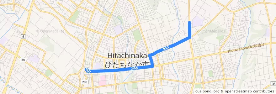 Mapa del recorrido 茨城交通バス 勝田駅⇒市役所⇒勝田高校 de la línea  en ひたちなか市.
