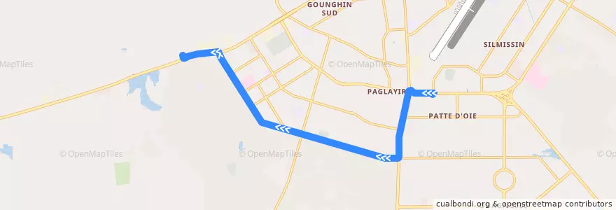 Mapa del recorrido 15: Aéropport international de Ouagadougou→Station OTAM Pissy de la línea  en Ouagadougou.
