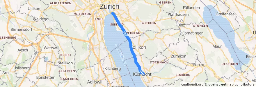 Mapa del recorrido Bus N18: Küsnacht → Bellevue de la línea  en Zürich.