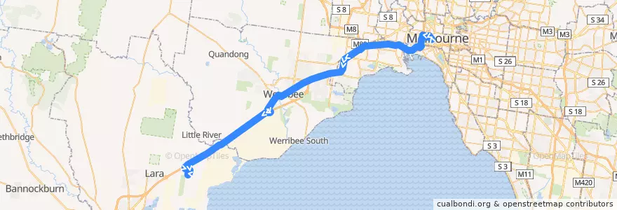 Mapa del recorrido Bus SkyBus: Melbourne (Southern Cross Station) => Avalon Airport (AVV) de la línea  en ولاية فيكتوريا.