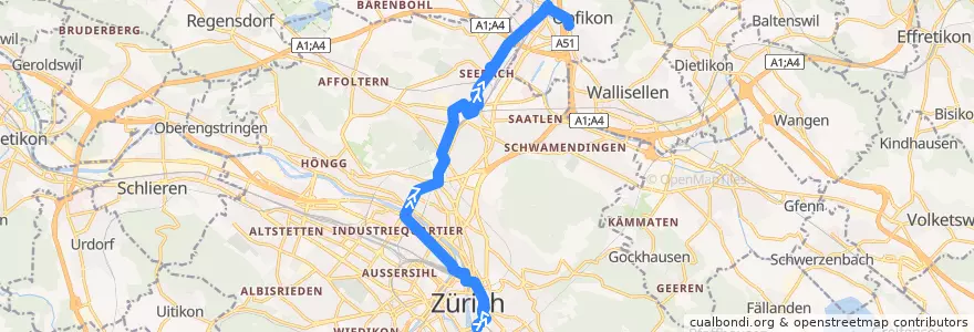 Mapa del recorrido Bus N7: Bellevue → Seebach → Opfikon de la línea  en Bezirk Zürich.