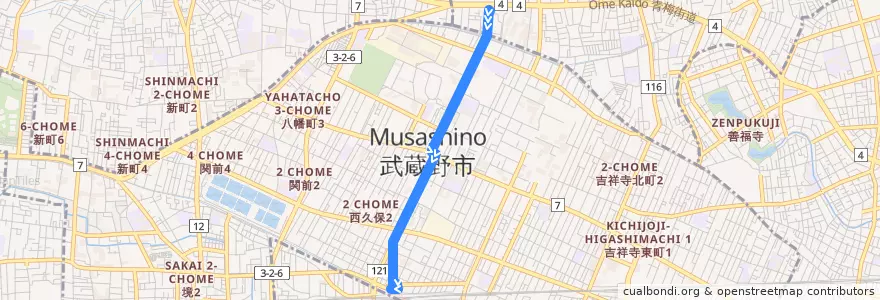 Mapa del recorrido Bus 鷹1 北裏->三鷹駅北口 de la línea  en 武蔵野市.