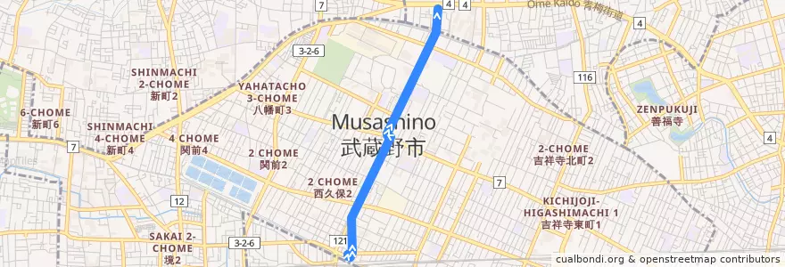 Mapa del recorrido Bus 鷹1 三鷹駅北口->北裏 de la línea  en 武蔵野市.