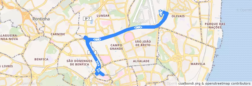 Mapa del recorrido AeroBus 2 de la línea  en Лиссабон.