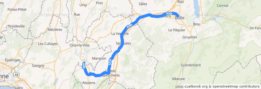 Mapa del recorrido S50: Palézieux => Bulle de la línea  en Fribourg/Freiburg.