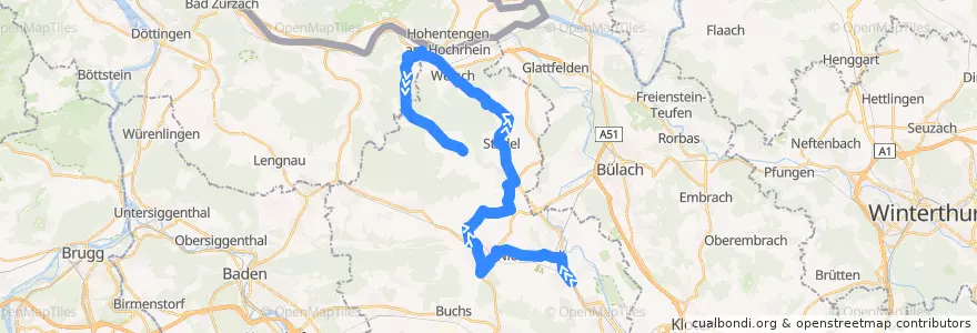 Mapa del recorrido Bus N51: Oberglatt ZH, Bahnhof => Bachs, Neu-Bachs de la línea  en Bezirk Dielsdorf.
