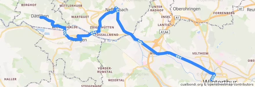 Mapa del recorrido Bus N67: Winterthur Hauptbahnhof → Dättlikon de la línea  en Bezirk Winterthur.